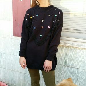 Vintage oversized black sweater rhinestone fringe